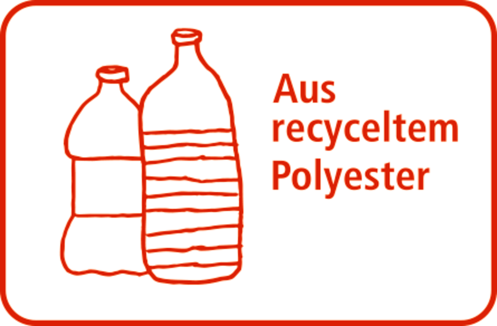Zwei Plastikflaschen und der deutsche Text „Aus recyceltem Polyester“ in roter Umrandung auf weißem Hintergrund.