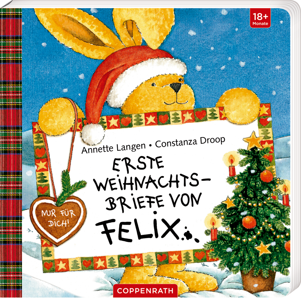 Auf dem Cover von "Erste Weihnachtsbriefe von Felix" hält ein gelber Hase eine Weihnachtskarte mit dem Titel hoch, daneben befindet sich ein geschmückter Baum mit Ornamenten und Schnee.