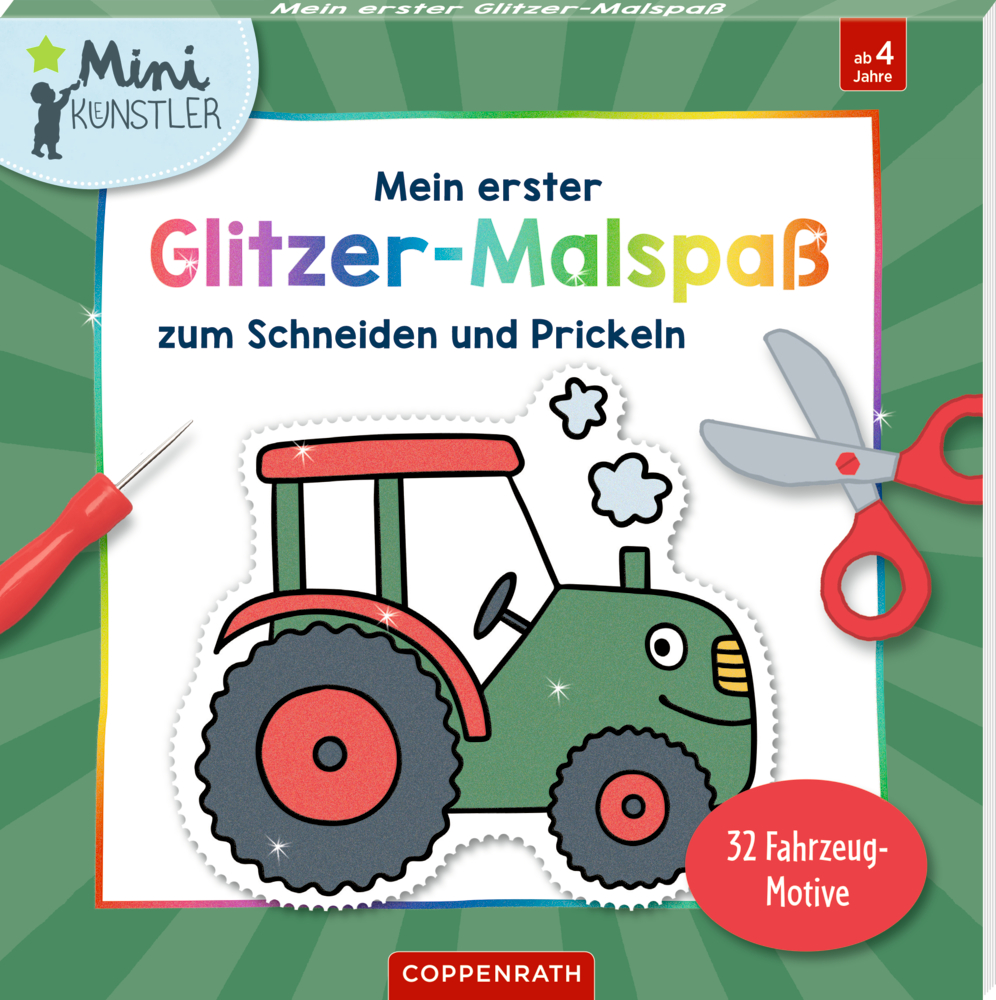 Cover fÃ¼r Kinderbastelbuch mit gezeichnetem Traktor, Schere und Prickelnadel.
