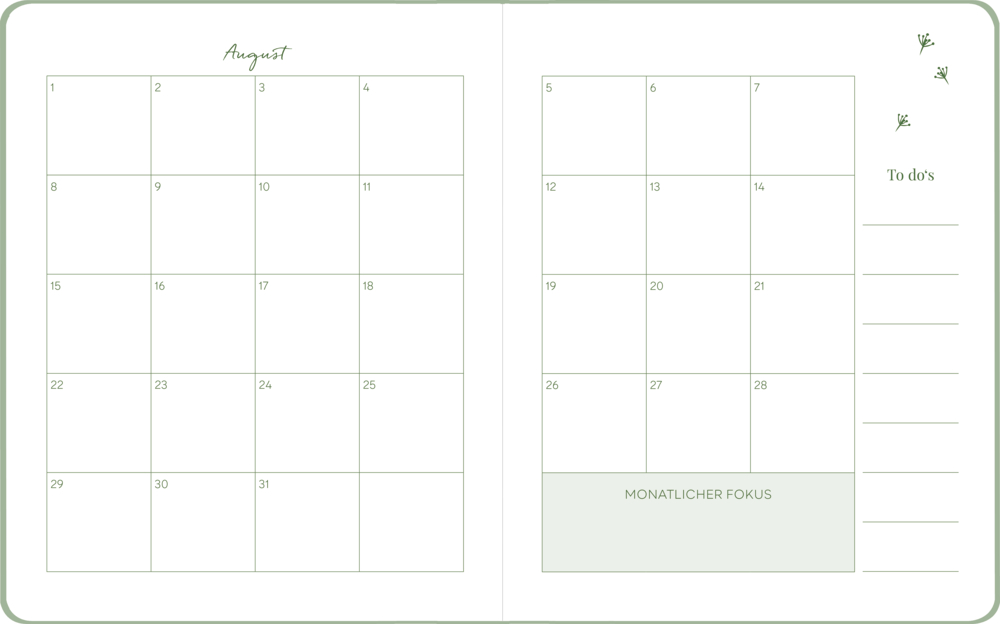 Zweiseitiger Kalender für August mit Datumsfeldern, Bereich für monatlichen Fokus und To-do-Liste rechts.