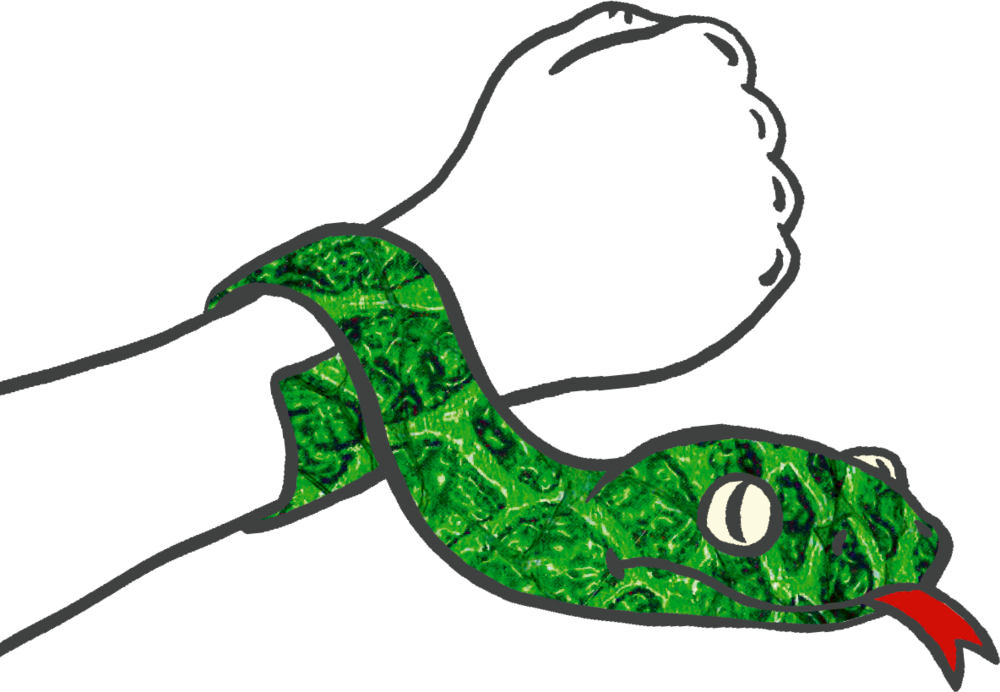 Eine grüne Schlange liegt um ein Handgelenk wie ein Armband, ihr Kopf zeigt nach außen.