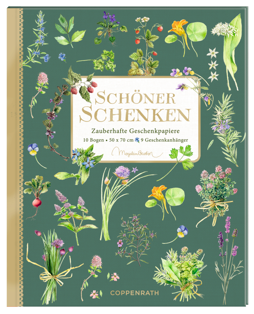 Grüner Bucheinband mit goldenen „Schönen Schenken“, botanischen Illustrationen und Blumen rund um den Titel.
