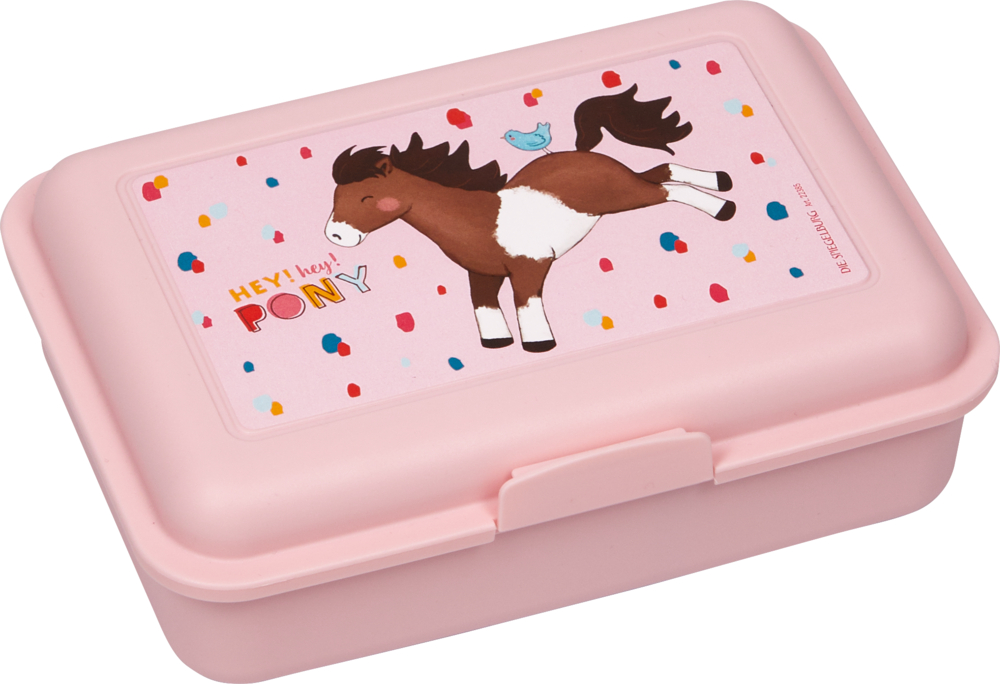 Rosa Lunchbox mit einem Cartoon-Pony, bunten Punkten und einem kleinen blauen Vogel auf dem Deckel.