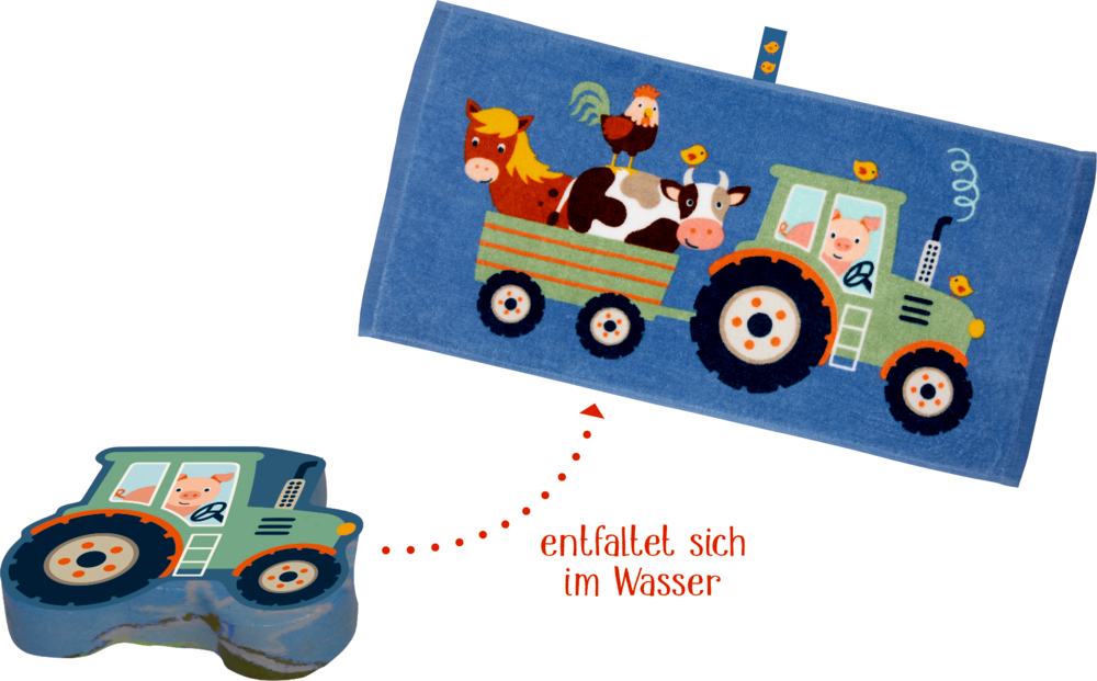 Ein blaues Handtuch dehnt sich im Wasser aus und gibt die Abbildung eines Traktors und von Bauernhoftieren frei.