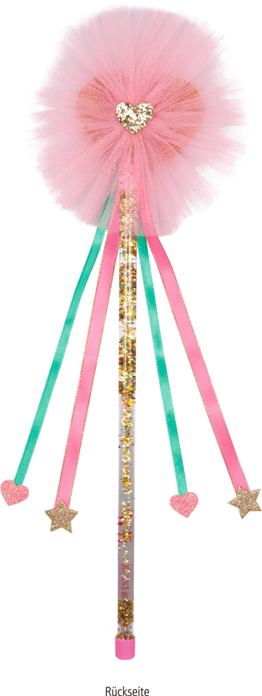 Rückseite eines Zauberstabs mit rosanem Tüll, goldenem Glitzerherz, transparentem Stiel mit Glitzer und rosa sowie türkisenen und rosanen Bändern mit Herz- und Sternanhängern.