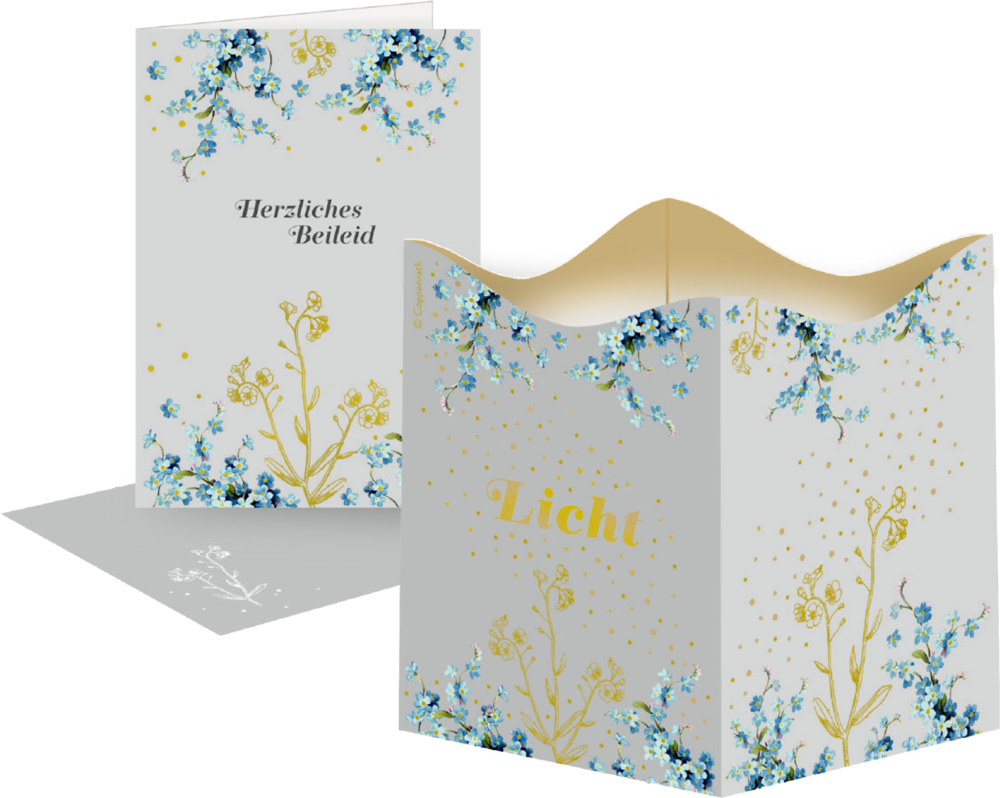 Beileidskarte und Windlicht mit blauen Blumen, goldenen Akzenten, Karten-Text: „Herzliches Beileid“, Windlicht-Text: „Licht“.