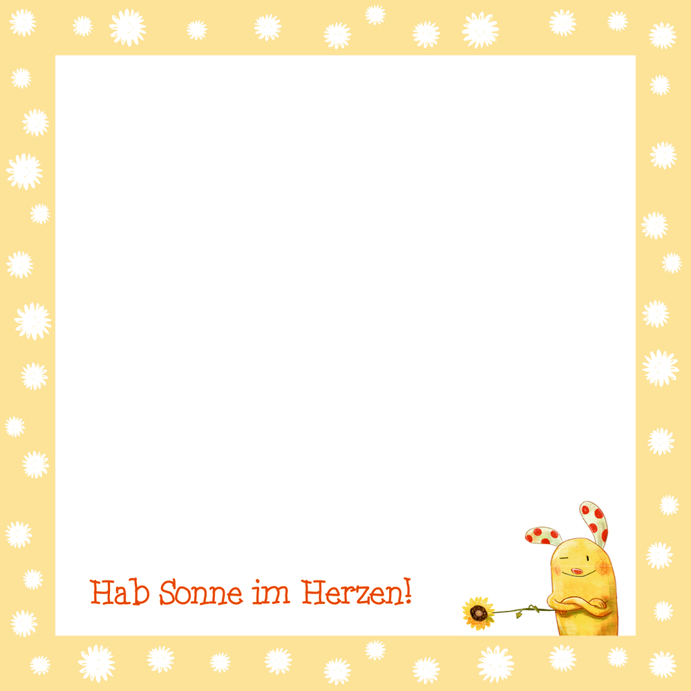 Notizzettel mit gelber Figur und Sonnenblume in der Hand, darauf der Text „Hab Sonne im Herzen!“ in einem gelben Gänseblümchenrand.