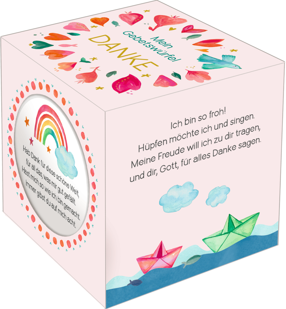 Bunter Würfel mit Text, Regenbögen, Herzen und Papierbooten. Dankbarkeitsthema für Kinder.