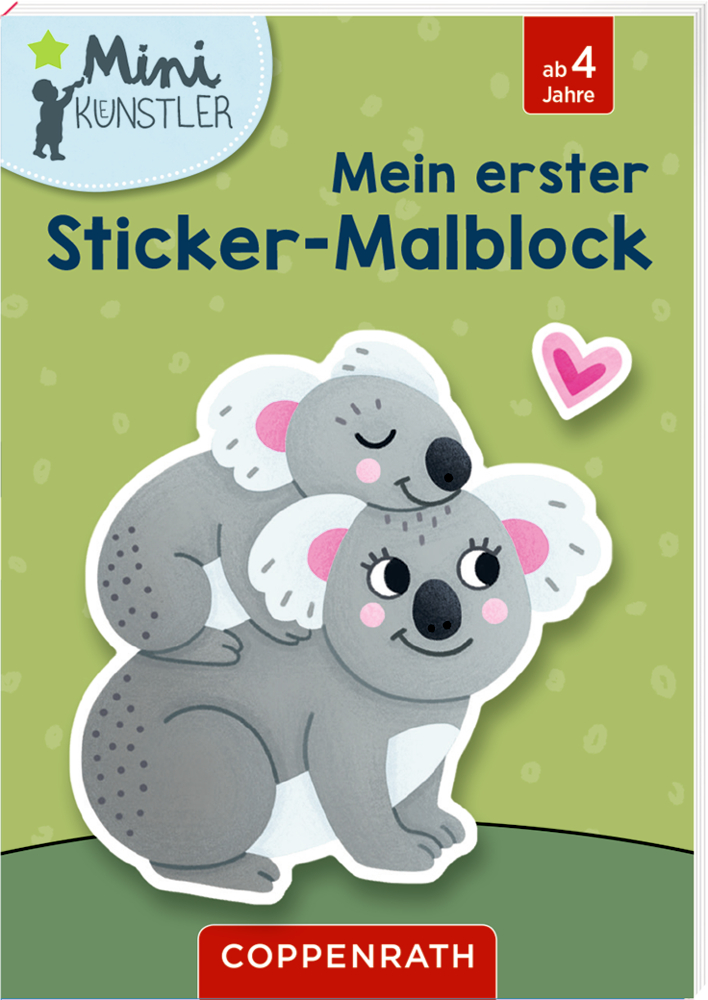 Zwei lächelnde Koalas kuscheln, rosa Herz zwischen ihnen, grüner Hintergrund, Text steht oben.