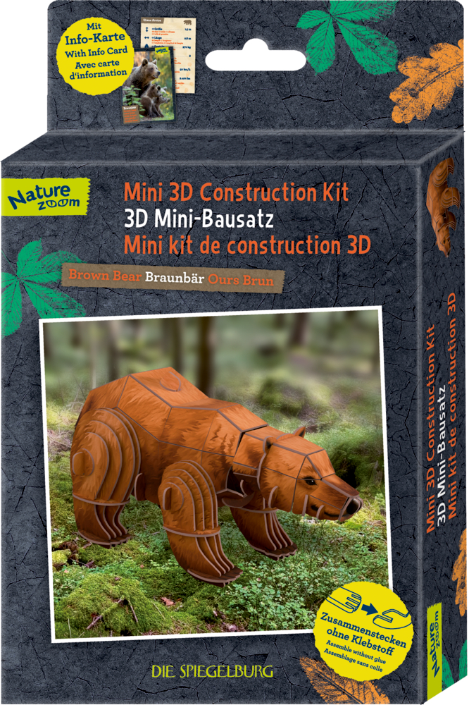 Verpackung eines 3D-Mini-Bausatzes für ein Modell eines Braunbären aus Holz mit Abbildung des zusammengesetzten Bären.