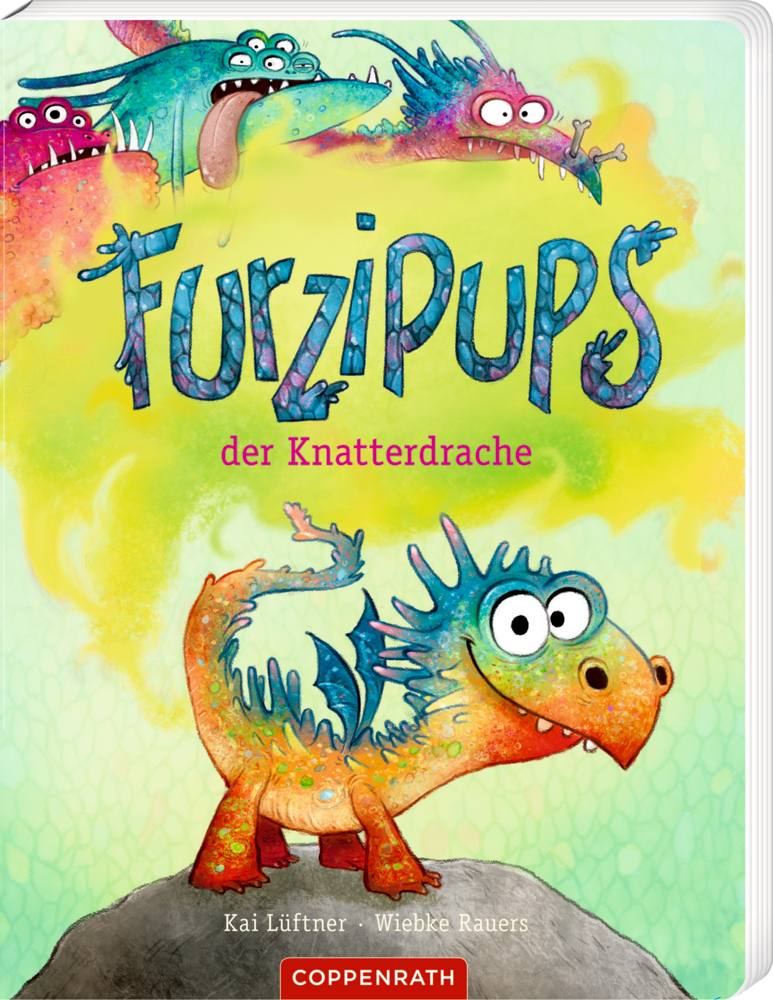 Bunte, alberne Comic-Drachen mit großen Augen; einer furzt grünes Gas hinter dem Buchtitel „Furzipups der Knatterdrache“.
