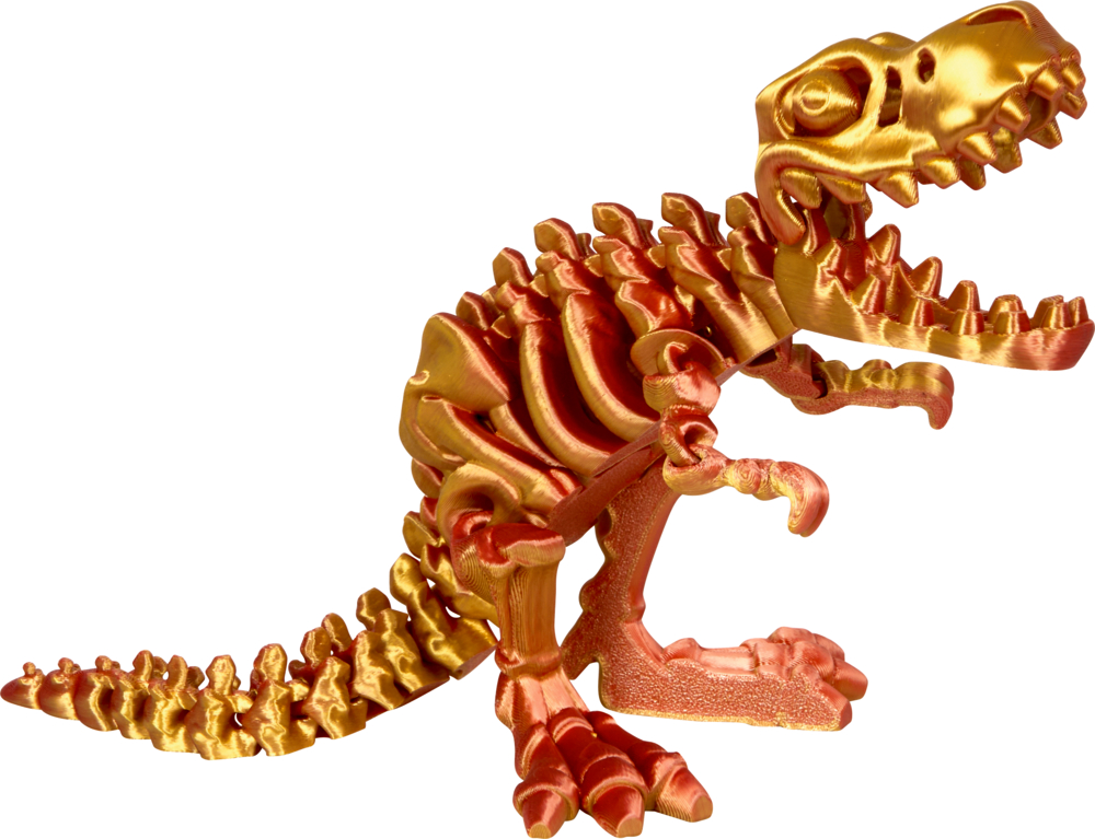 Das goldorangefarbene Spielzeug-Dinosaurierskelett steht aufrecht mit offenem Mund auf weißem Hintergrund.