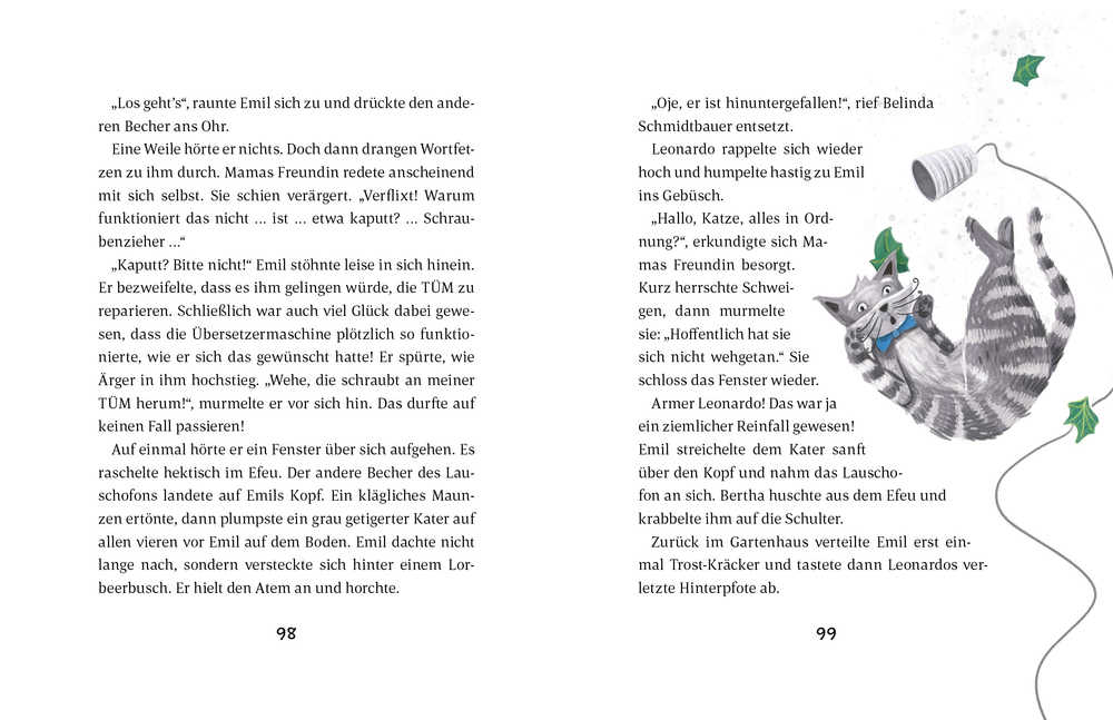 Zwei Seiten eines Buches, auf der rechten Seite ist ein verspielter Kater abgebildet.