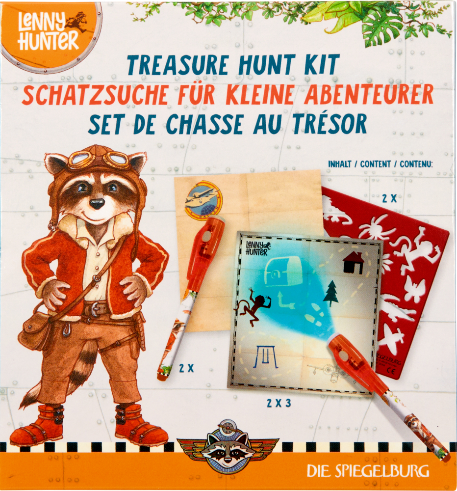 Schatzsuchset für Kinder mit Cartoon-Waschbär, Karten, roten Karten und Stiften.