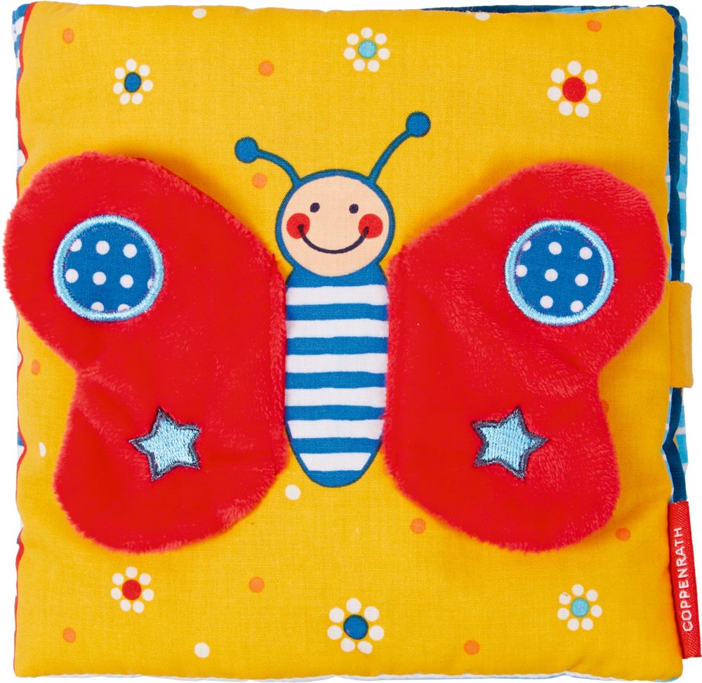 Stoffschmetterling mit roten Flügeln und lachendem Gesicht auf gelbem Hintergrund.