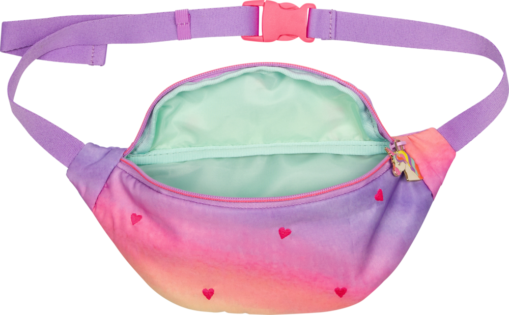 Pastellfarbene Regenbogen-Bauchtasche mit pinken Herzen, pinker Schnalle und geöffnetem mintgrünem ausgekleidetem Fach.