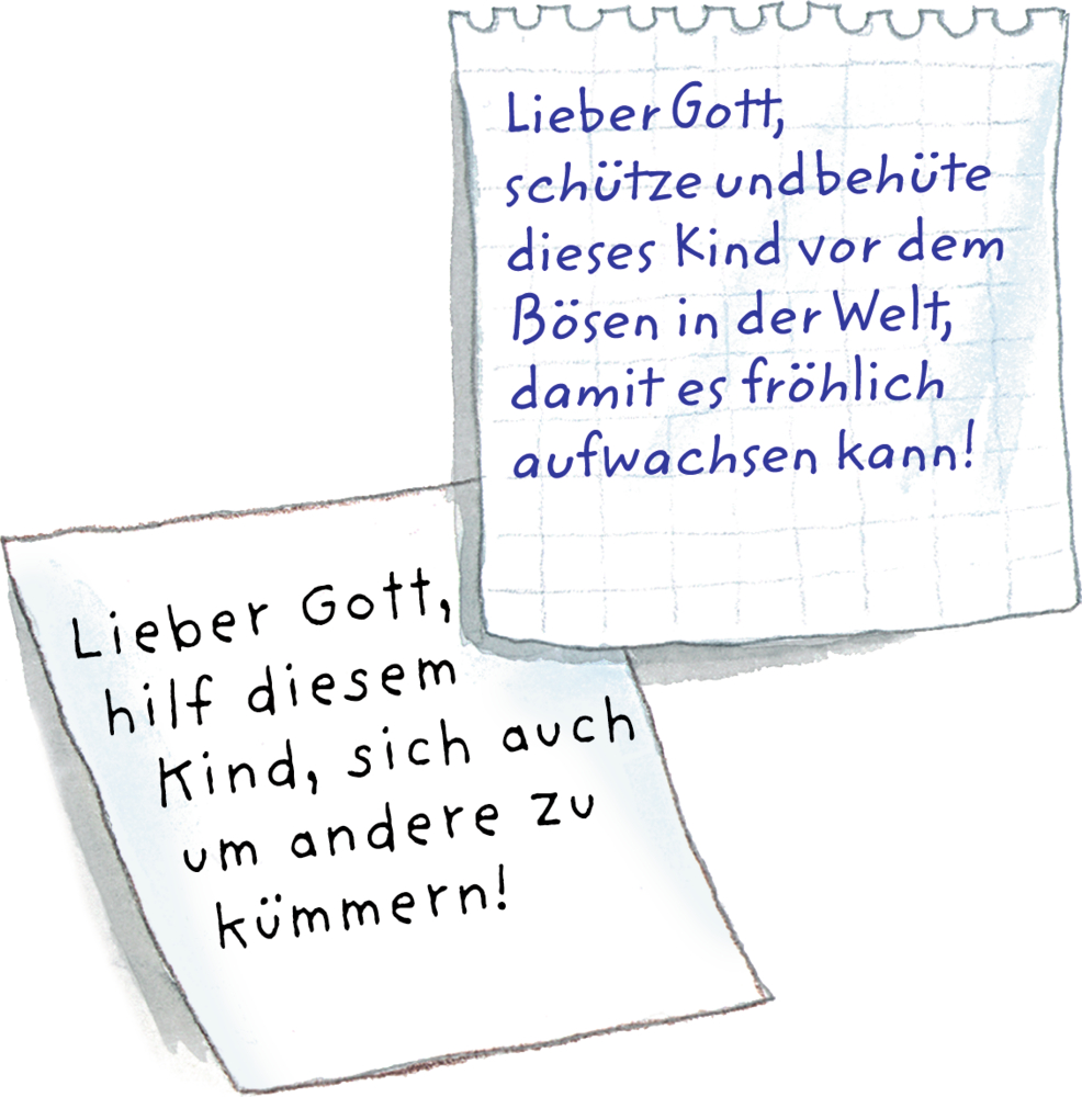 Zwei handgeschriebene Gebete für die Sicherheit eines Kindes und Freundlichkeit gegenüber anderen.