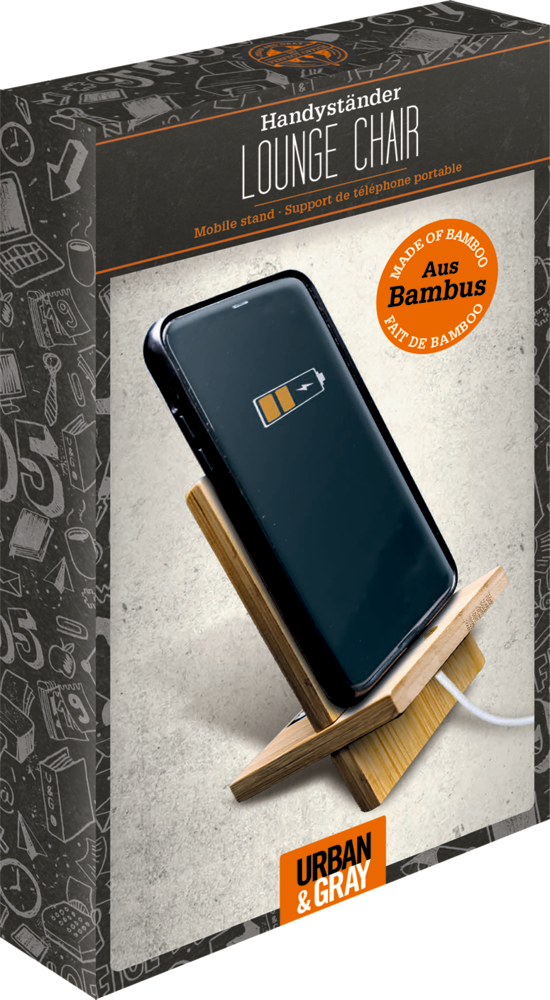 Dunkelgraue Pappbox, auf der ein kleiner Holzständer mit einem Smartphone abgebildet ist.