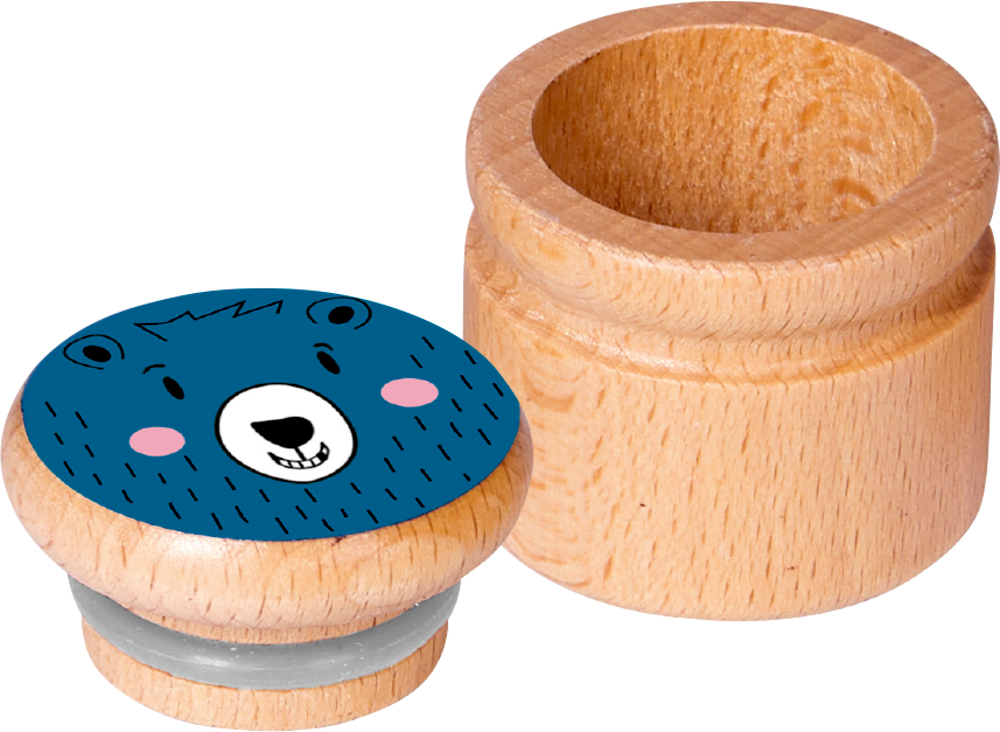 Kleiner Holzbehälter mit Deckel, verziert mit der Illustration eines lächelnden blauen Bären.