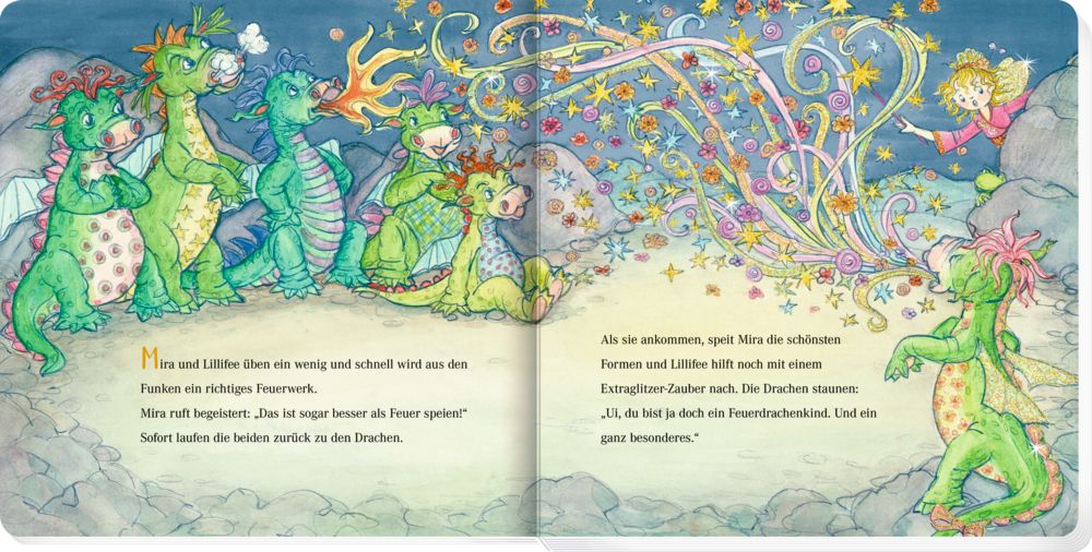 Sechs bunte Drachen und eine Fee zwischen Felsen. Ein Drache speit magisch glitzerndes, buntes Feuerwerk.