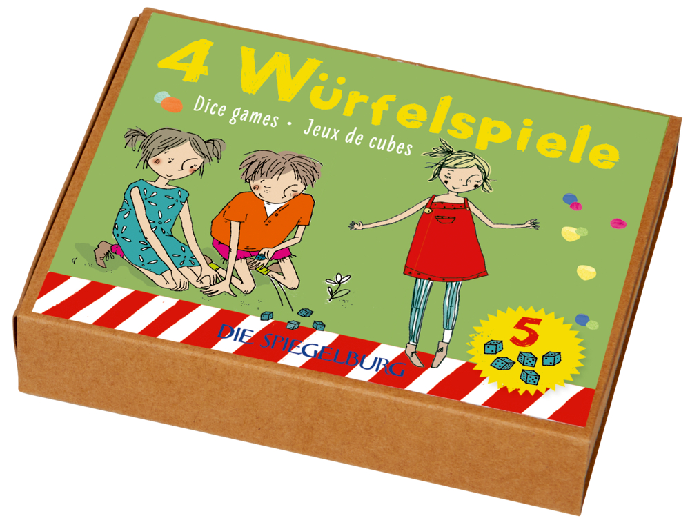Schachtel mit der Aufschrift „4 Würfelspiele“ und Abbildungen von drei Kindern sowie bunten Würfeln auf dem Deckel.