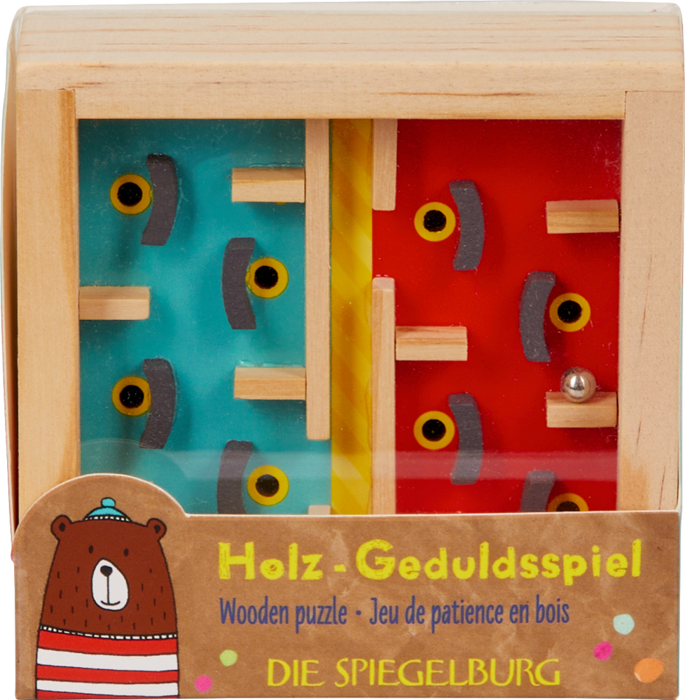Geduldsspiel aus Holz mit blauen und roten Bereichen, Metallkugel und Bären-Abbildung auf der Verpackung.