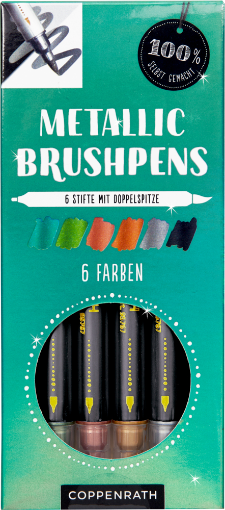 Schachtel mit sechs doppelseitigen Metallic-Pinselstiften in verschiedenen Farben auf blaugrünem Hintergrund.