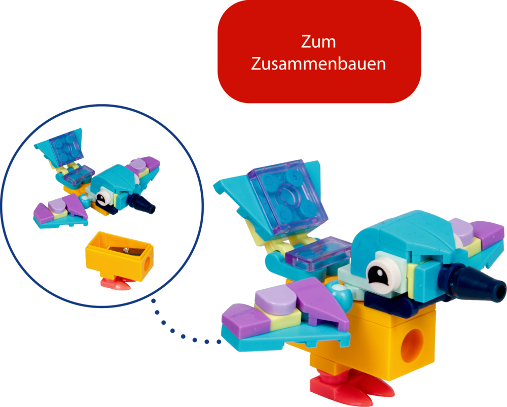 Bunte Figur in Form eines Vogels aus Bausteinen mit Flügeln, großen Augen und gelbem Körper, daneben Aufbauansicht mit Einzelteilen.