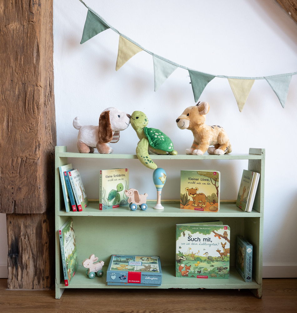 Grünes Holzregal mit Kinderbüchern, Stofftieren, Holzspielzeug und einer Wimpelkette im Hintergrund.