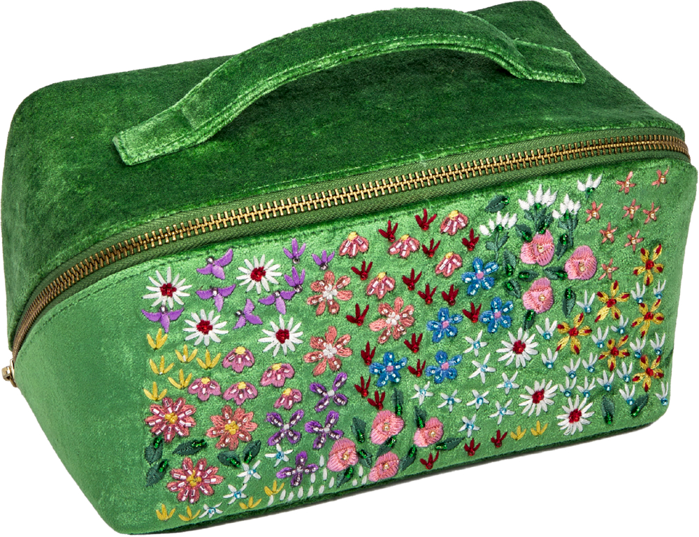 Grüne Stofftasche mit Reißverschluss, Tragegriff und bunter Blumenstickerei auf der Vorderseite
