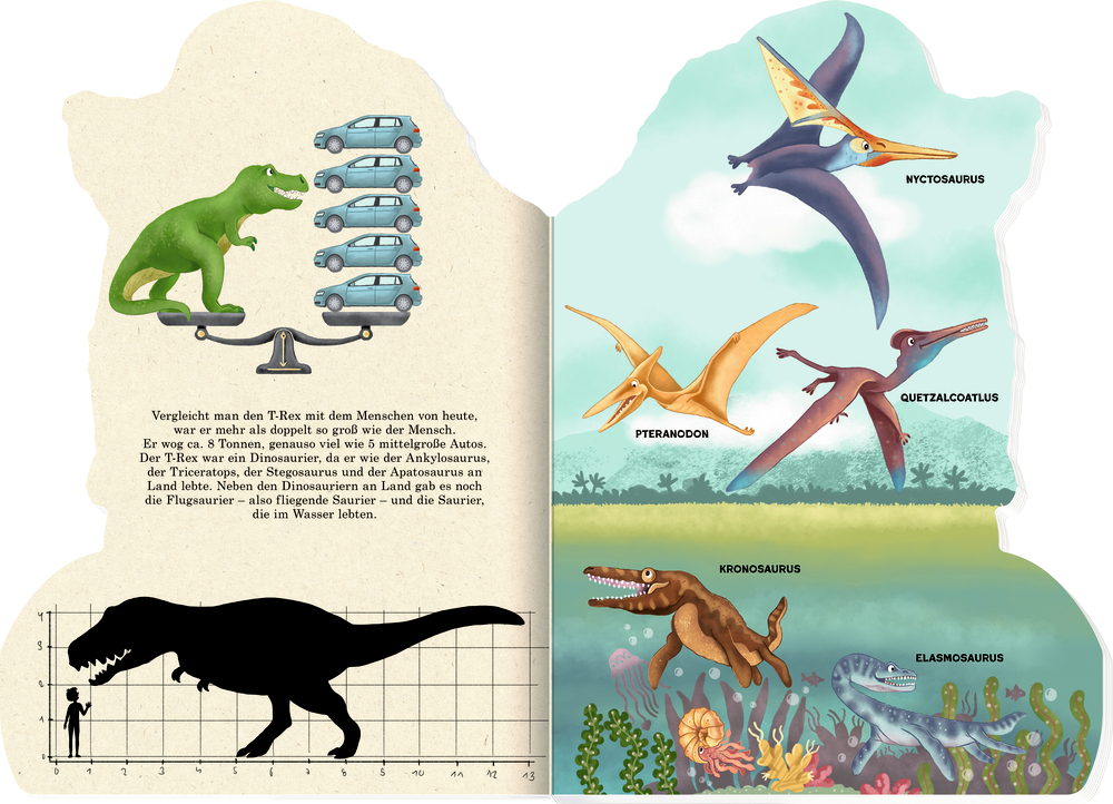 Lächelnder T. Rex mit zwei Babys, Bäumen, Pflanzen und einem fliegenden Flugsaurier in einer prähistorischen Landschaft.
