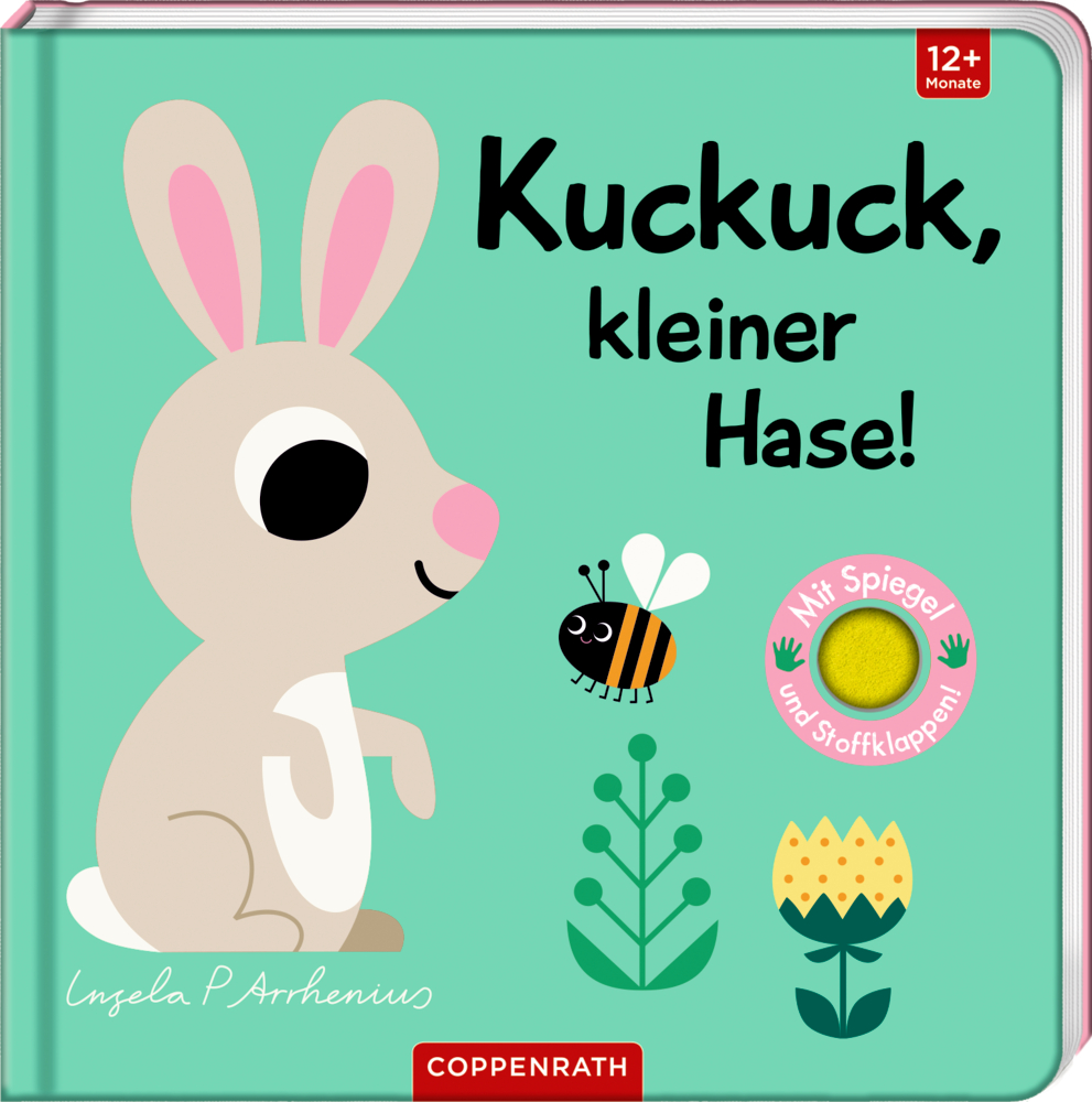 Pappbucheinband mit Cartoon-Hasen, Biene, Blumen und dem Titel "Kuckuck, kleiner Hase!".
