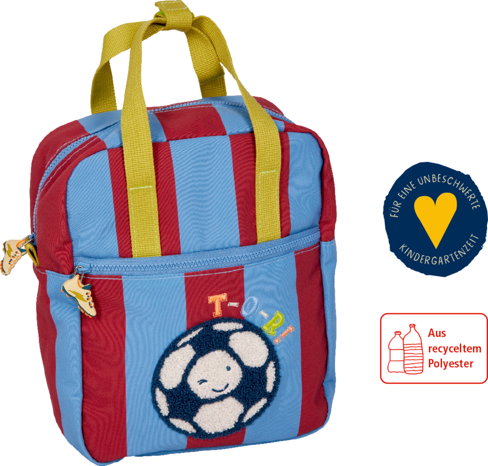 Kinderrucksack: rote und blaue Streifen, gelbe Riemen, Vordertasche mit lächelndem Fußball-Design.