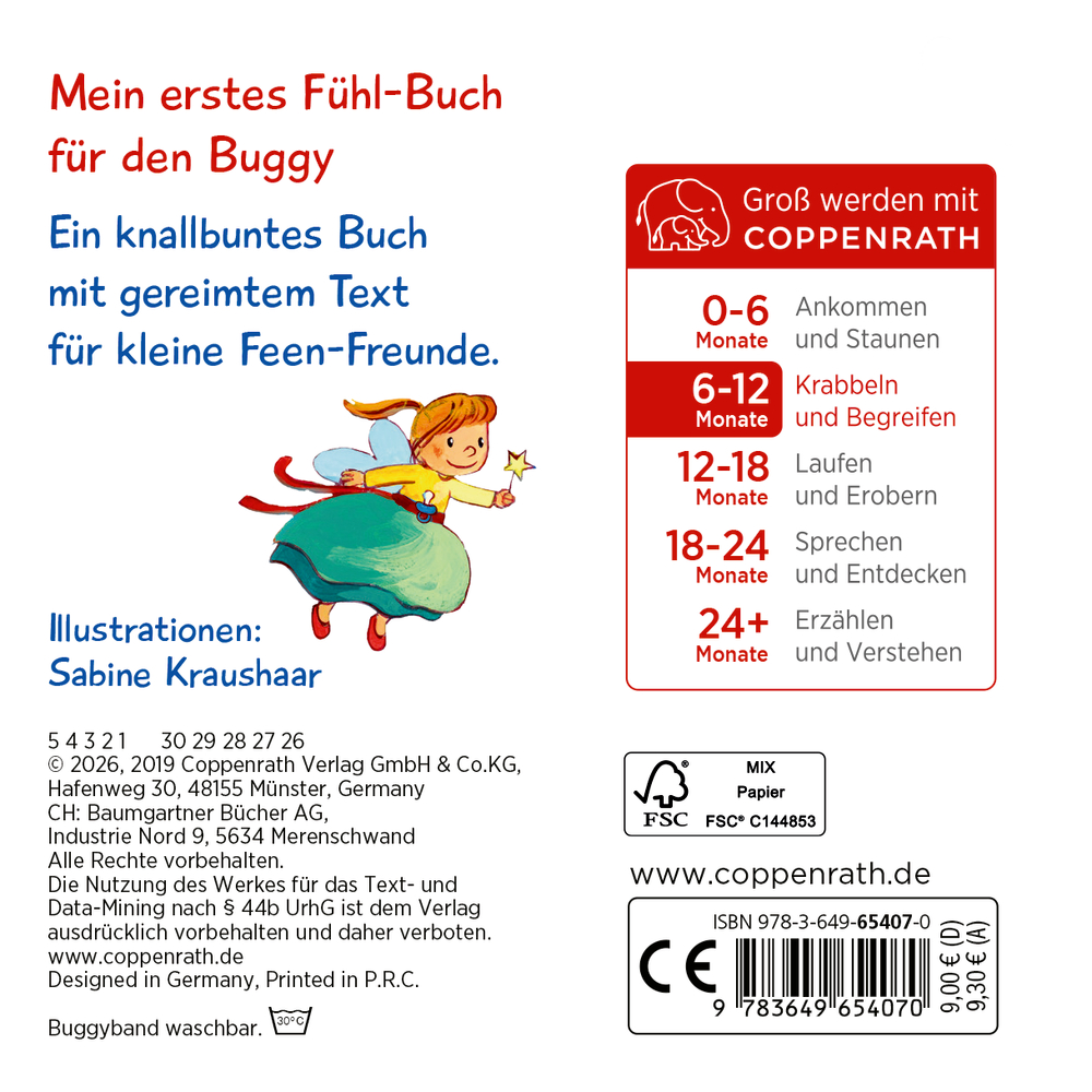 Rückseite eines Kinderbuchs mit Illustration einer Fee, Textangaben zum Buch und Coppenrath-Logo mit Altersstufenübersicht.