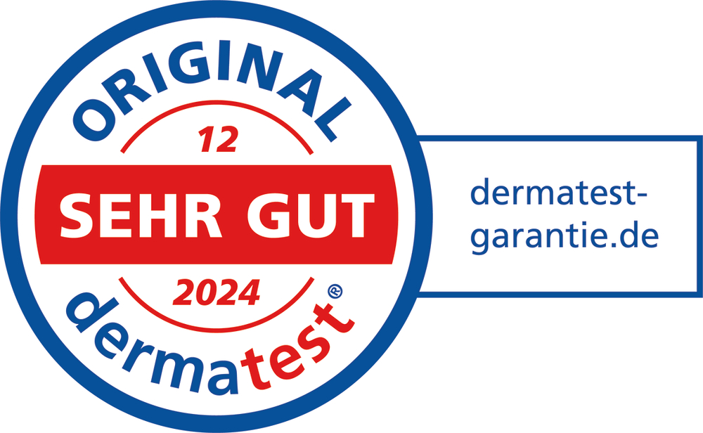 Rundes Dermatest-Siegel mit rotem Feld „SEHR GUT“, Jahreszahl 2024 und Website dermatest-garantie.de.
