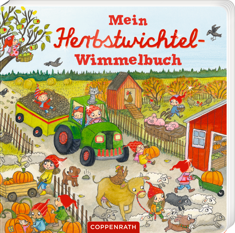 Herbstliche Bauernhofszene mit erntenden Wichteln, Tieren, Kürbissen und leuchtenden Bäumen, auf dem Cover von "Mein Herbstwichtel - Wimmelbuch".
