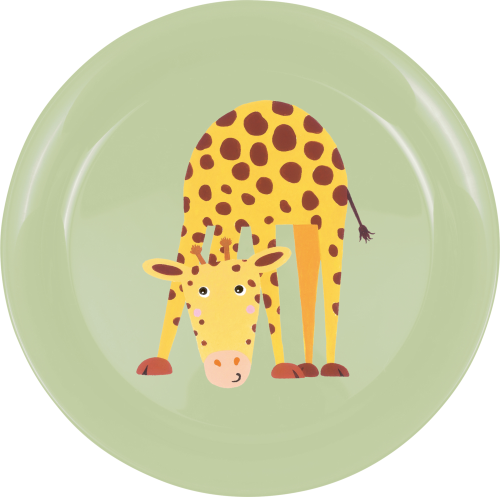 Nach unten gebeugte Giraffe, abgebildet auf einem hellgrünen Teller.