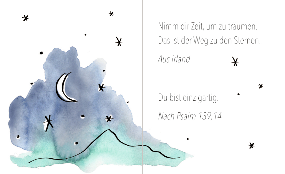 Aquarell-Nachthimmel: Sterne, Halbmond, Hügel und Verse über Träume und Einzigartigkeit.