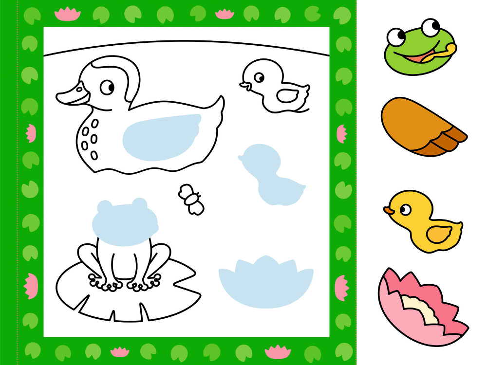 Bastelseite mit abgebildeten Tieren wie Ente, Frosch, Blume und Küken.