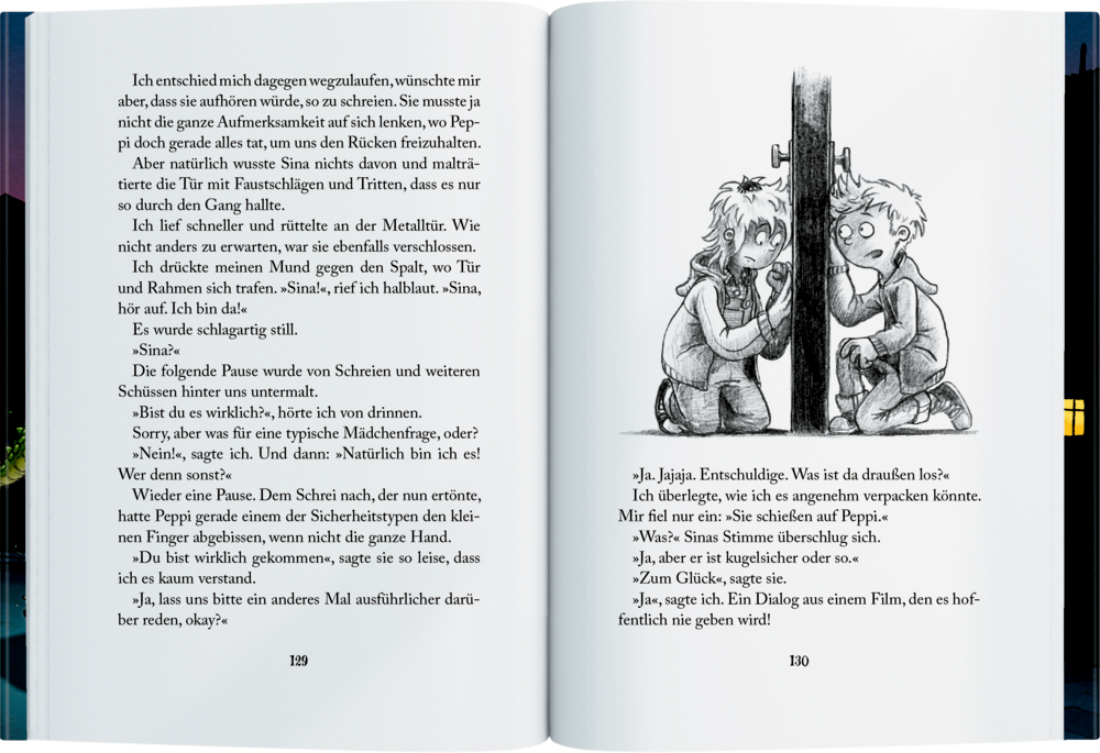 Zwei gezeichnete Kinder knien einander zugewandt an einer Metalltür und sprechen durch den Spalt hindurch.
