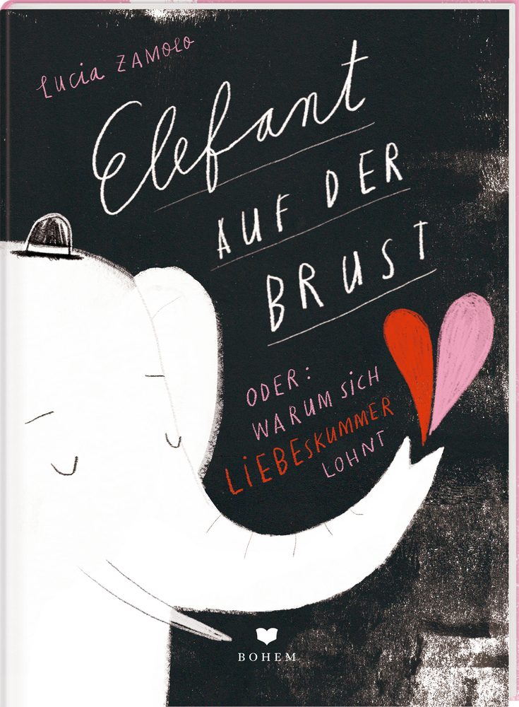 Weißer Elefant mit geschlossenen Augen, der ein rotes Herz hält, handgeschriebener Text, dunkler Hintergrund.