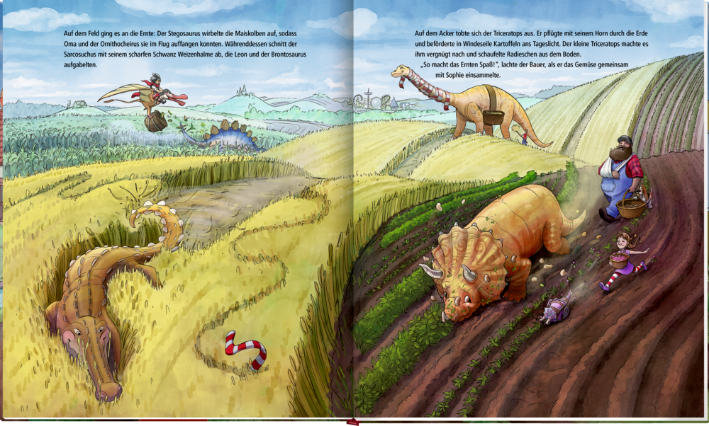 Illustriete Dinosaurier, auf einer Innenansicht mit deutschen Texten, helfen Bauern, indem sie an einem sonnigen Tag pflügen, pflanzen und über die Felder fliegen.