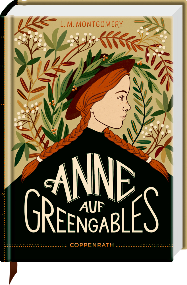 Illustriertes Buchcover von „Anne auf Green Gables“ mit einem Mädchen mit Zöpfen und Hut, umgeben von Blättern.