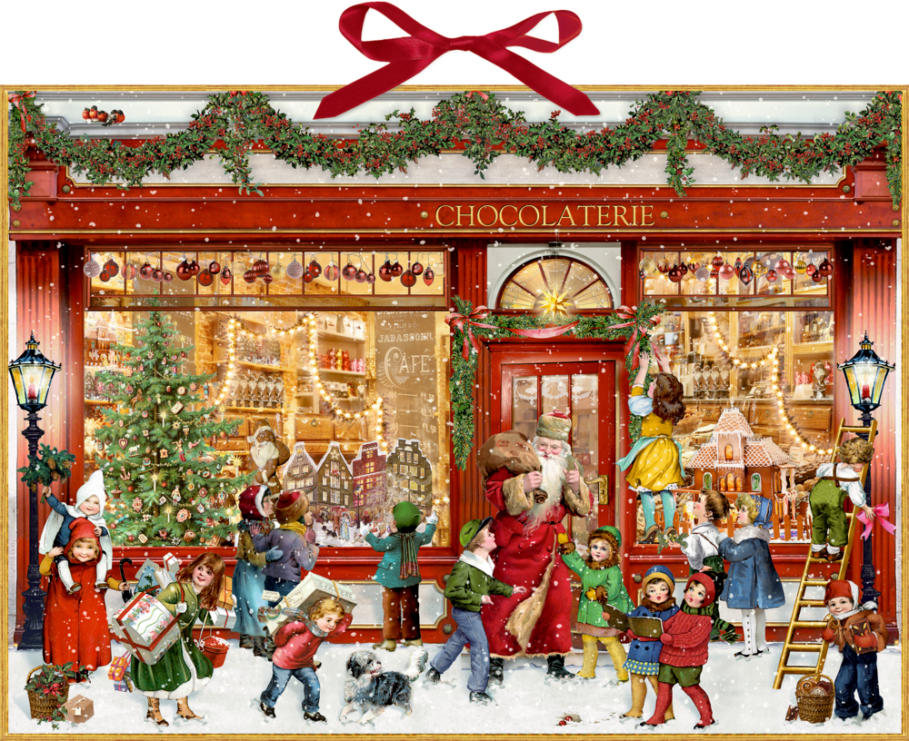 Fröhliche Kinder und Erwachsene treffen sich zu Weihnachten vor einer festlich dekorierten Chocolaterie.