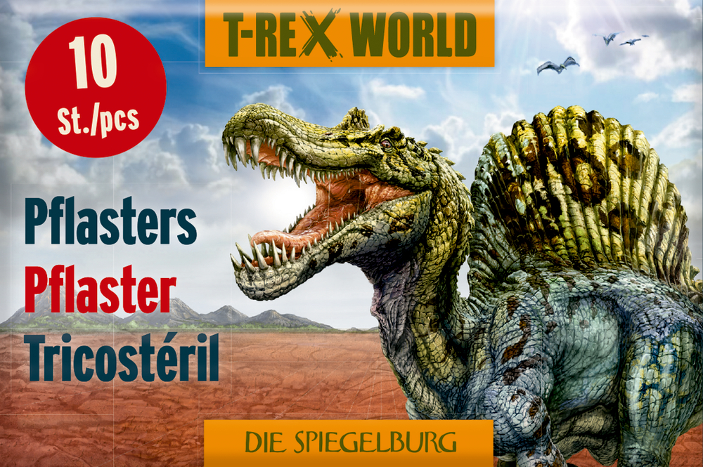 Rechteckige Karte mit brüllendem Dinosaurier auf felsigem Boden. Dazu die Aufschrift "10 Stück".