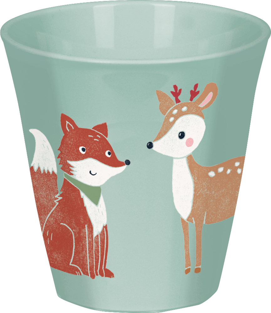 Hellblauer Becher mit niedlichem Fuch- und Rehmotiv.