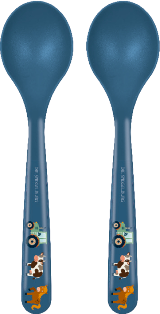 Zwei blaue Löffel mit niedlichen Bauernhofmotiven.