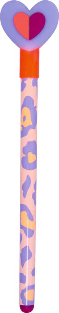 Rosa Stift mit lila, rosa und orangefarbenem Leopardenmuster und herzförmigem Aufsatz in Lila, Pink und Weinrot.