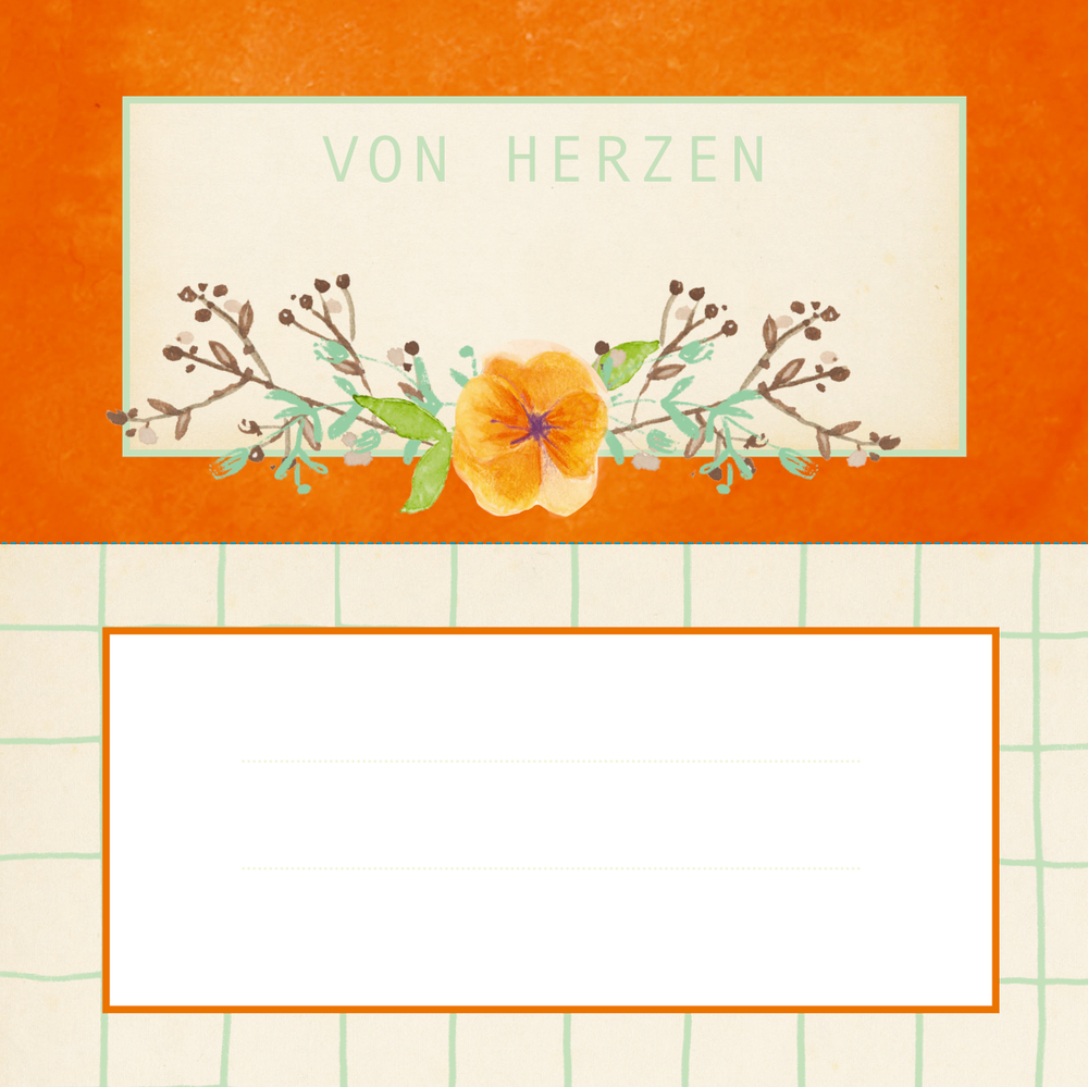 Zwei Etiketten: Oben orange mit der Aufschrift â€žVon Herzenâ€œ und gelber Blume. Unten karierte Umrandung mit Platz fÃ¼r Text auf weißem Hintergrund.