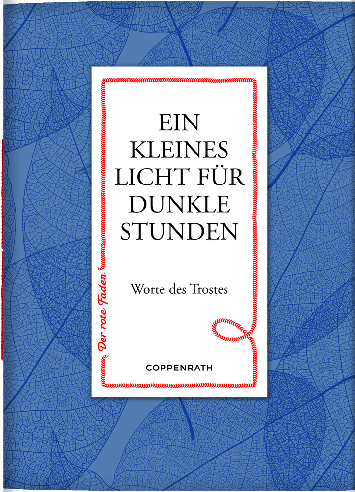 Buchcover: weißes Etikett mit „Ein kleines Licht für dunkle Stunden“ auf blauem, blattgemustertem Hintergrund.